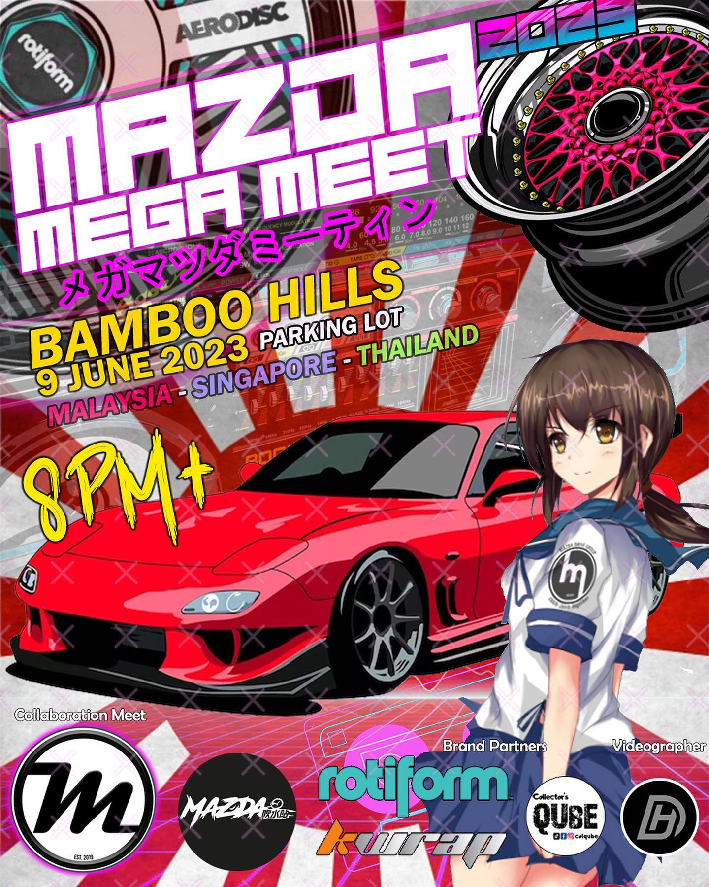 Original Mazda Mega Meet 2023 poster featuring MotorDriveGroup in the group lineup.
